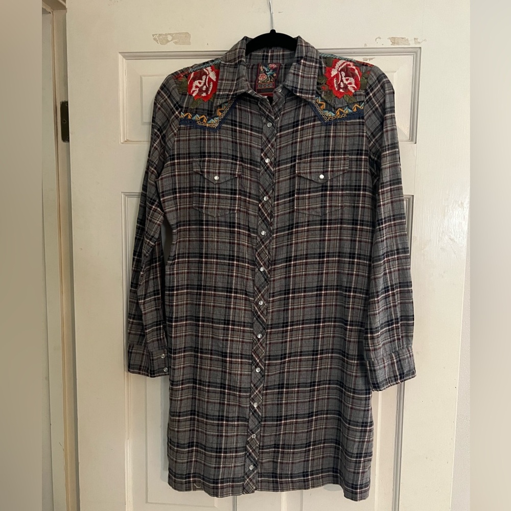 Johnny was plaid embroidered shirt dress, size S